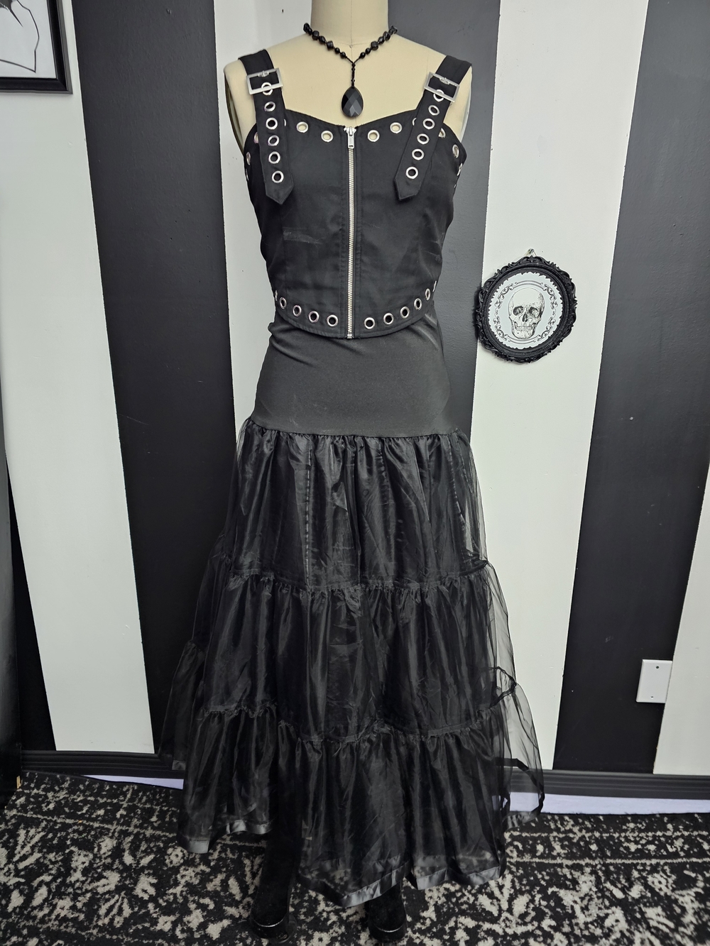 Vintage Black Gothic Tiered Maxi Skirt with Eyelet Bodice